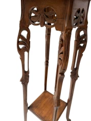 Art Nouveau Pedestal Plant Stand, Hand-Carved Beech & Marble, 1900s